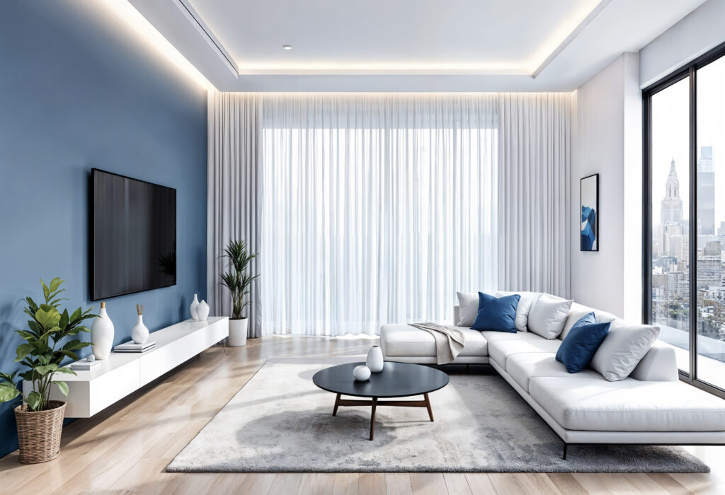 luxurious modern living room with blue wall white sofa