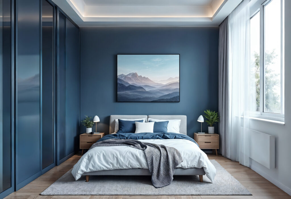 modern bedroom interior with blue accents
