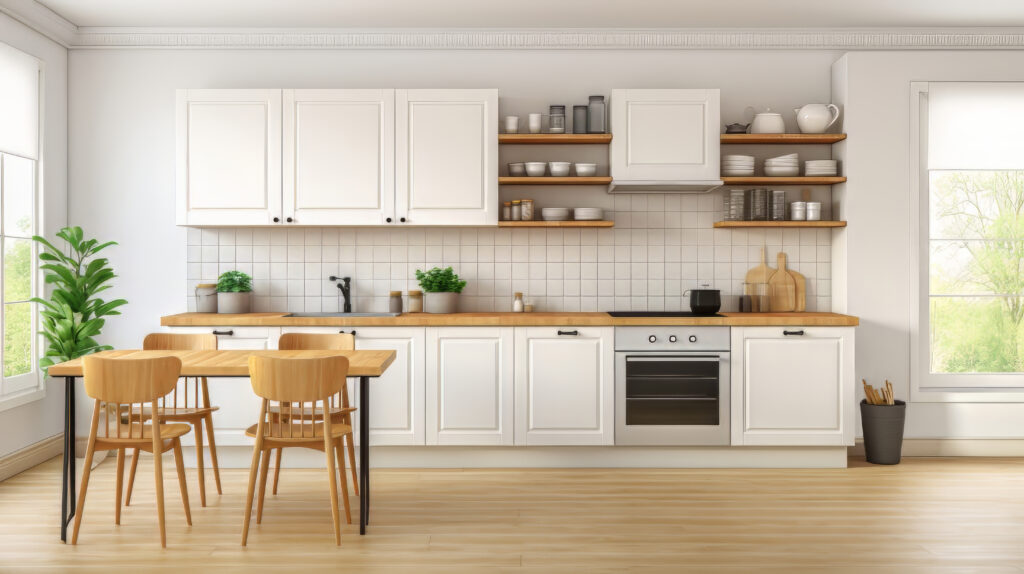 front view banner of a kitchen table in a fancy bright kitchen a white background object transparent c 99 ar 16:9 s 250 v 5.2